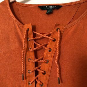 LAUREN by Ralph Lauren Brunt Orange Tie Front Top 100% Cotton Size M